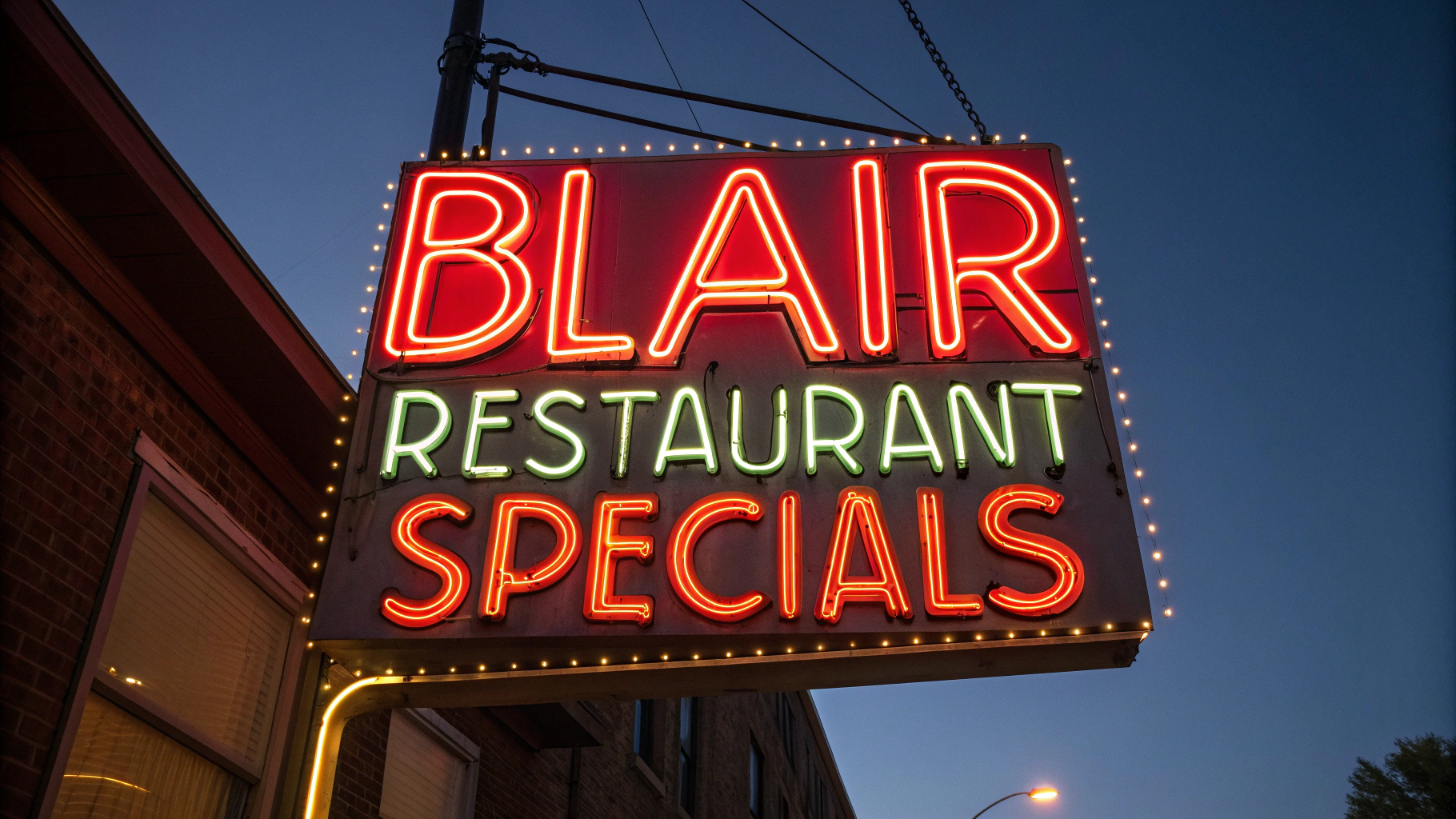 AI generated image by Red Panda AI: "Blair Restaurant Specials" neon sign for Blair, Nebraska restaurants