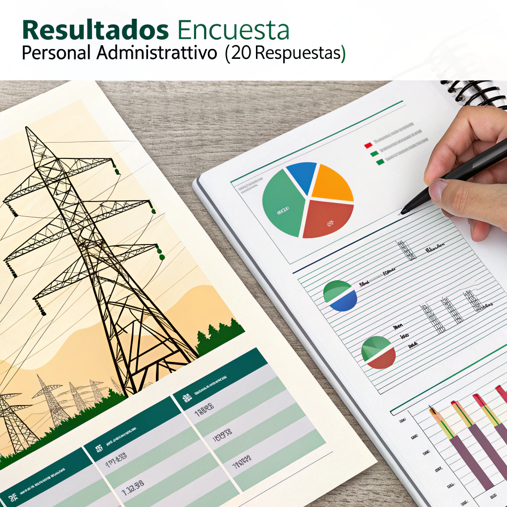 AI generated image by Red Panda AI: Resultados Encuesta - Personal Administrativo (20 respuestas)
¿Cuáles son los equipos eléctricos que utilizas con mayor frecuencia en tu área de trabajo?
Computadora: 18
Impresora: 6
Ventiladores: 3
Otros: 2
¿Cuánto tiempo permanecen encendidos los equipos eléctricos durante la jornada laboral?
Menos de 4 horas: 5
4-6 horas: 12
Más de 6 horas: 3
¿Consideras que se desperdicia energía eléctrica en tu área de trabajo?
Sí: 10
No: 10
¿Has notado fallos eléctricos o problemas relacionados con el consumo de energía?
Sí: 8
No: 12
¿Qué medida crees que podría implementarse para mejorar la eficiencia energética?
Apagar equipos cuando no se usan: 12
Uso de equipos más eficientes: 5
Capacitación sobre uso de energía: 3
Otros: 0