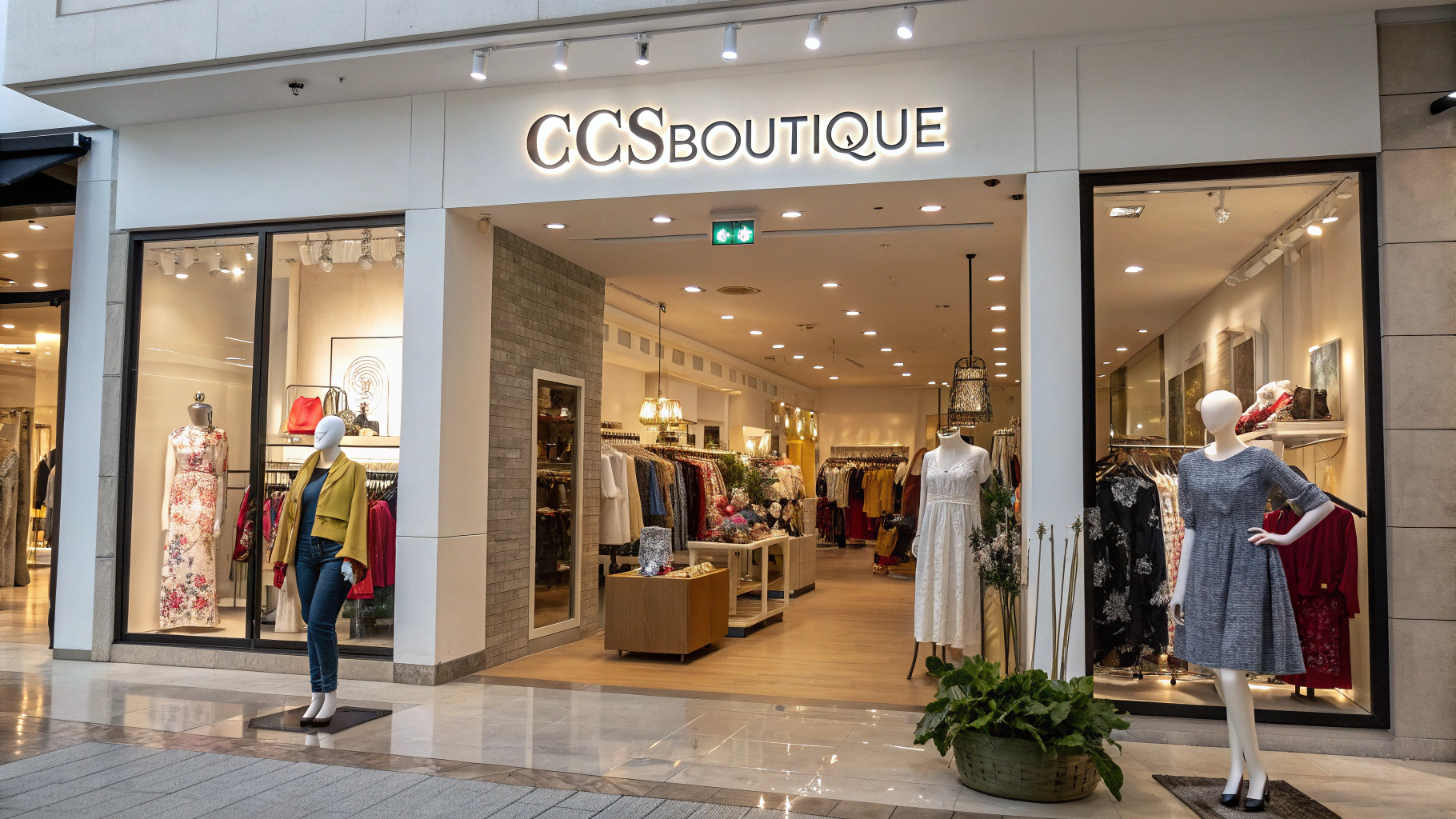 AI generated image by Red Panda AI: peux-tu me générer une photo avec une boutique de mode chic et confortable pour hommes, femmes et enfants qui s'appelle CCSBoutique