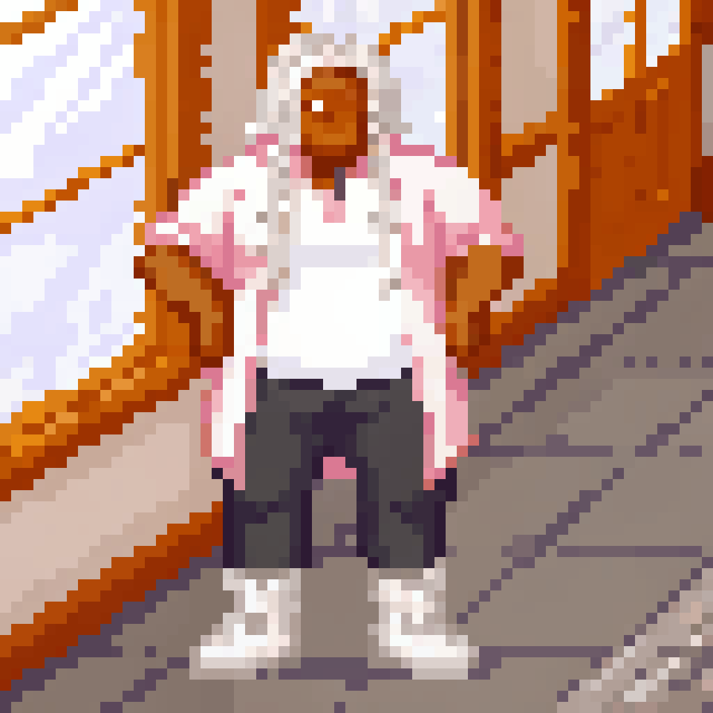 AI generated image by Red Panda AI: Pixel-art character, full-body, Afro man with a chubby build. He has long white braided hair. His face is completely smooth and hairless—NO beard, NO mustache, NO facial hair of any kind. He wears a pink T-shirt, an open white button-up shirt, black jeans, and white boots. The art style should be inspired by retro video games and Digimon aesthetics, with clean pixelated details and vibrant colors. The character should have a neutral or friendly expression, suitable for a digital narrator in a TikTok video.