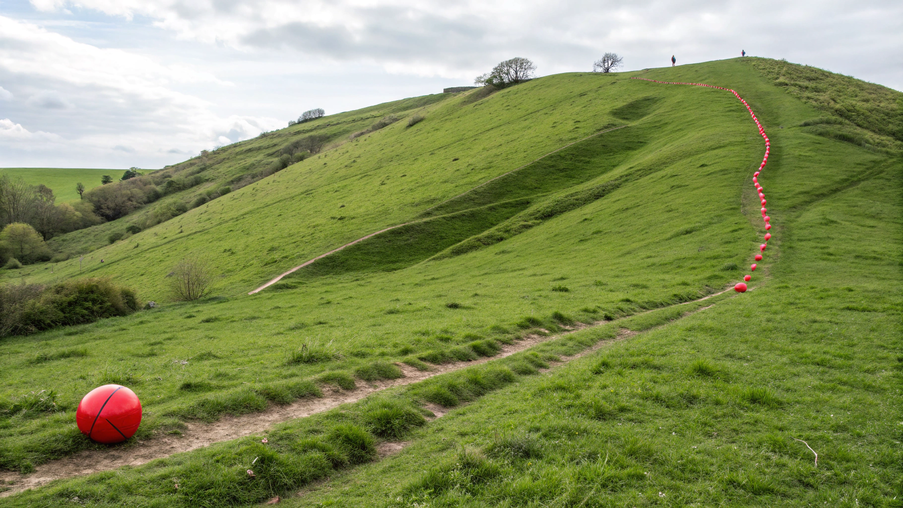 AI generated image by Red Panda AI: A colorful illustration of a green hillside with a red ball partway down the slope. The hill starts high on the left and descends to the right with small bumps along the way. The first bump is labeled followed by another bump The red ball is currently positioned at the area, which is another small ridge in the hill.
A dotted red line traces the ball's path from the top of the hill down to its current position, showing its downward trajectory. The ball appears slightly glowing or pulsing, suggesting it's still in motion rather than settled.