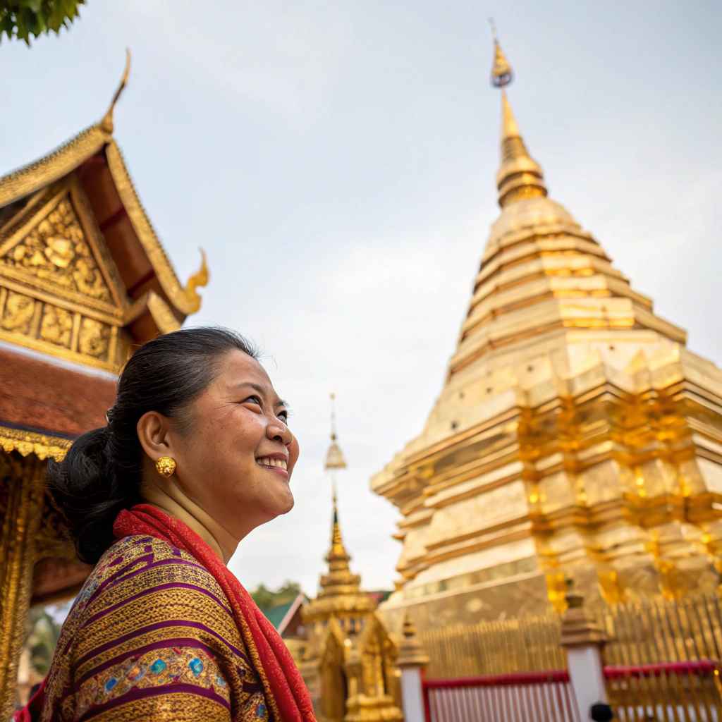 AI generated image by Red Panda AI: Thai woman smiling in front of the Doi suthep temple , Chiangmai