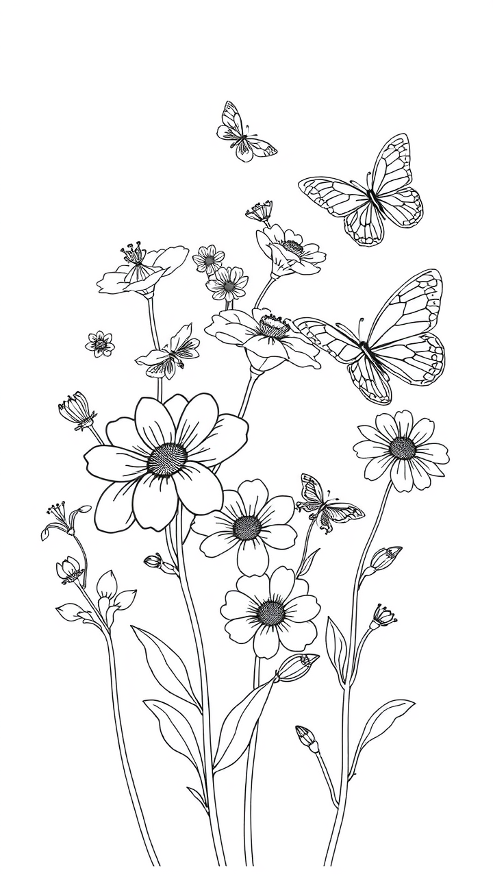 AI generated image by FLUX.1-schnell: Black and white line art illustration in 768x1368 resolution (vertical). A clean coloring page with only black outlines of flowers and butterflies. No colors, no shading, no background. Leave empty spaces suitable for coloring. White background only. No text or watermark. Designed for printing.