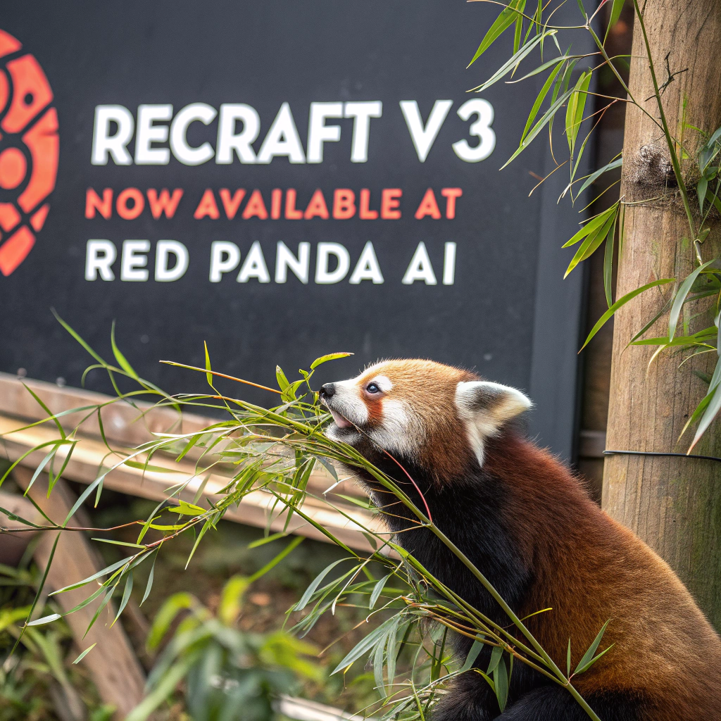 AI generated image by Red Panda AI: a red panda eating a bamboo in front of a poster that says "recraft V3 now available at red panda ai