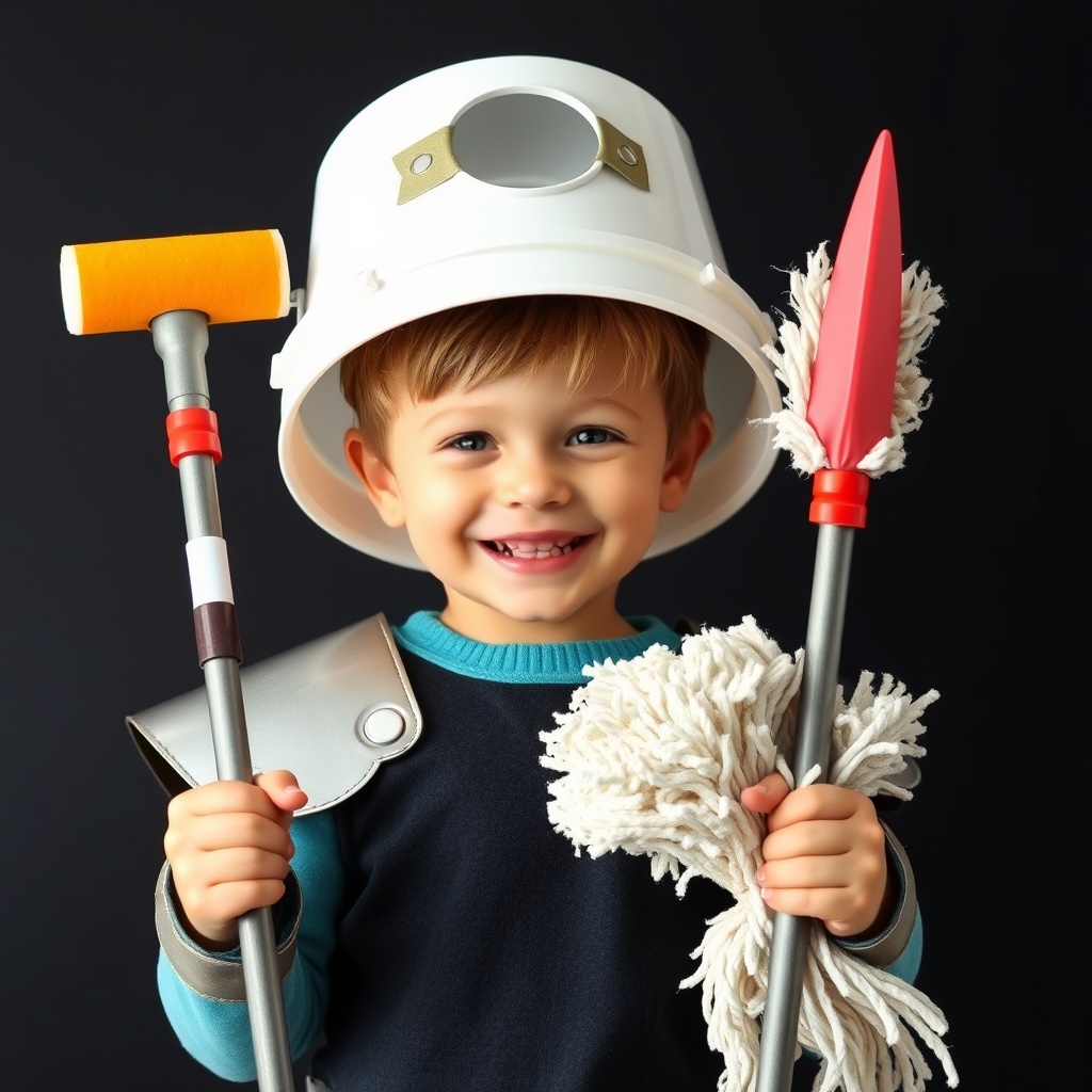 AI generated image by FLUX.1-schnell: A 5-year old kid with the bucket over his head. The bucket is new as if it was just bought in a DIY store, and it has a hole for a kid's face. New shiny paint rollers are mounted with the tape to the bucket as a decoration. A water pipe cut in half is put over each kid's shoulder to emulate the armor. A fluffy mop in a kid's hands resembles a spear. The overall outfit looks cute and funny. The kid is glowing with happiness. The background behind the kid is solid dark, almost black. Photo should not contain any iron or steel parts.