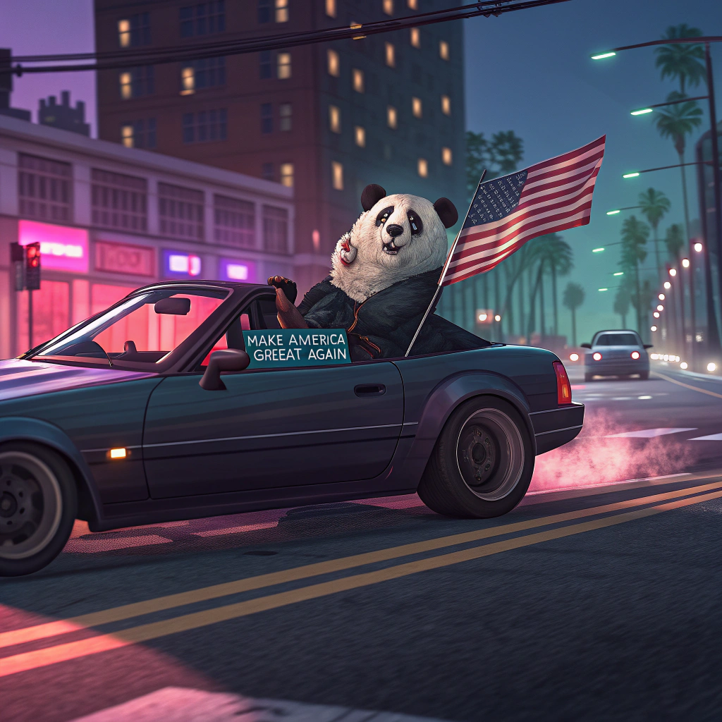 AI generated image by Red Panda AI: A panda was street racing in Palo Alto with a Make America Great Again flag on the car, and the street had the art style of GTA5.