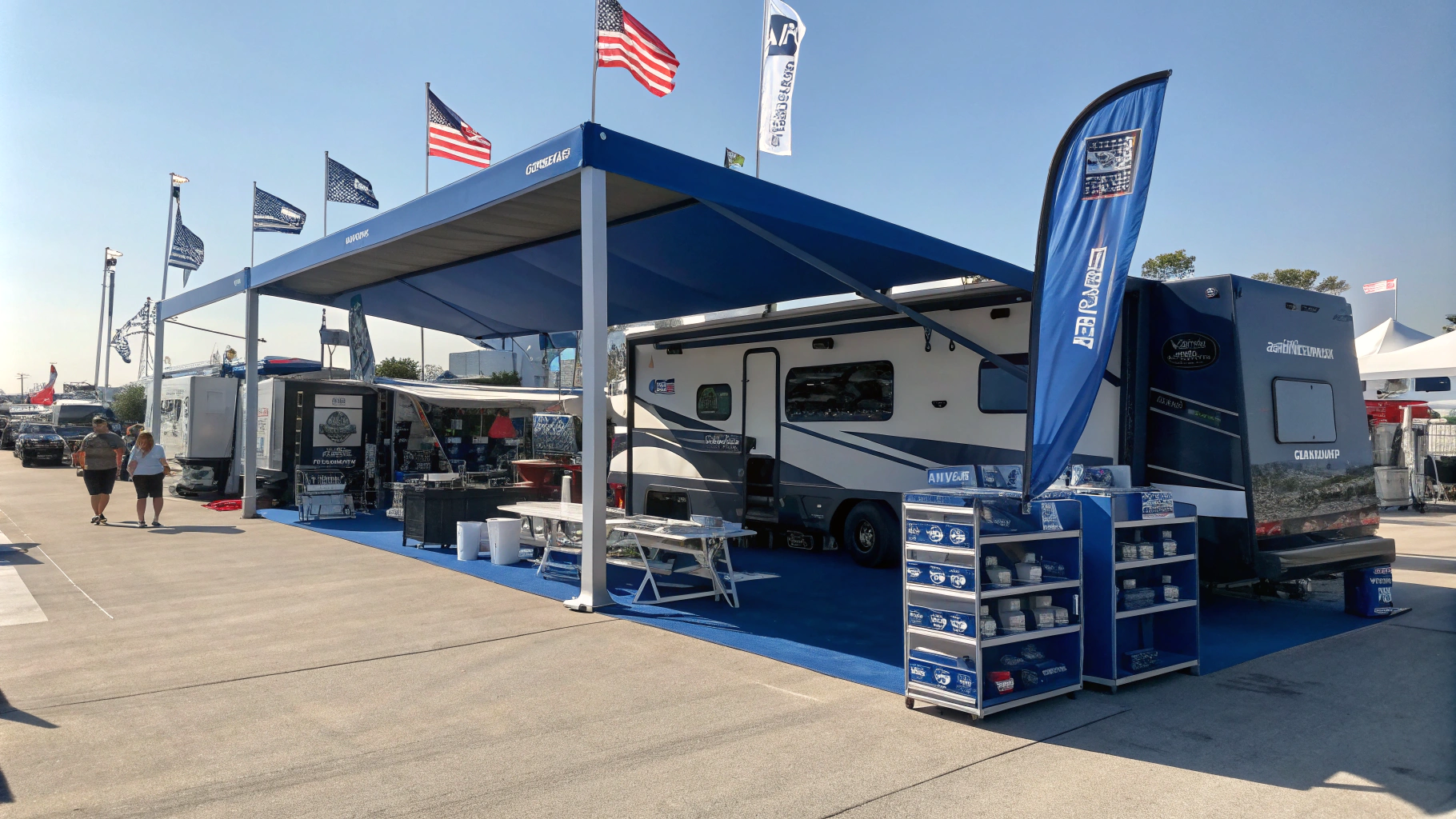 AI generated image by Red Panda AI: HQ, ultra-high-resolution, crisp photo of our Brands outdoor convention stand, designed as a partially transformed RV with a bold, engineered look in blue and darker blue tones. The setup features a prominent parallelogram shape across structures, branded flags, and a pavilion. Neatly organized tables and rugged, modular shelving showcase RV products. The open-air convention is bustling, with other booths and sparse attendees in the background, adding depth. Bright natural sunlight casts realistic shadows, enhancing the durable, polished feel of Brands professional display.
