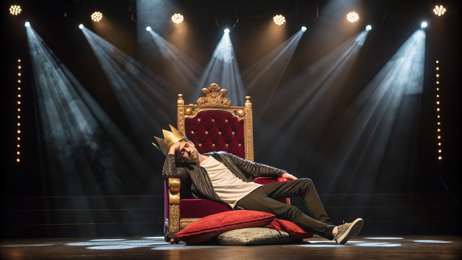 AI generated image by Red Panda AI: A theatrical stage scene with dramatic spotlights on a throne at center stage. A person lies across the throne in an exaggerated, melodramatic position, as if pretending to be utterly exhausted. One hand is dramatically placed on their forehead, mimicking the classic gesture of fainting, while the other arm clutches a decorative pillow as though seeking comfort, adding to the over-the-top performance. The person wears a realistic but slightly crooked cardboard crown, heightening the absurdity of the scene. Their eyes are open, conveying a sense of irony and sarcasm, as they simulate exhaustion with exaggerated energy. The rich theater curtains and dramatic lighting from above create an atmosphere full of irony and humor
