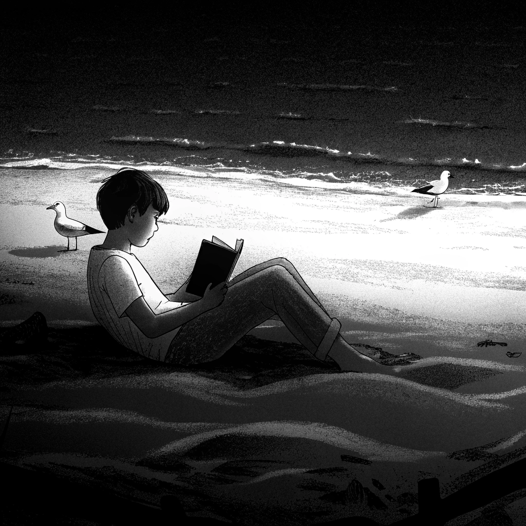 AI generated image by Red Panda AI: Draw a Ghibli-style drawing of a boy leisurely reading a book on the beach wearing a white t-shirt and jeans.