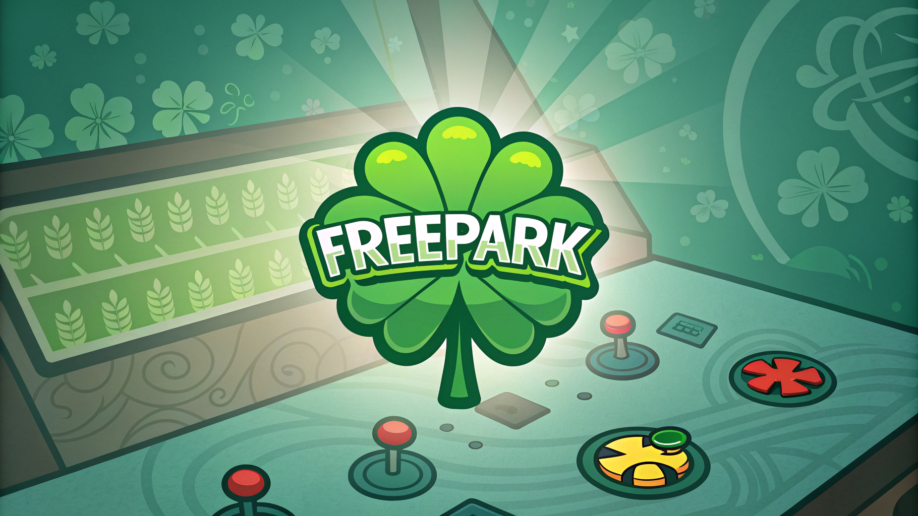 AI generated image by Red Panda AI: Faire un fond d'écran pour un site de jeux avec au milieu un logo d'un trèfle à 4 feuilles avec marqué dedans " FreePark "