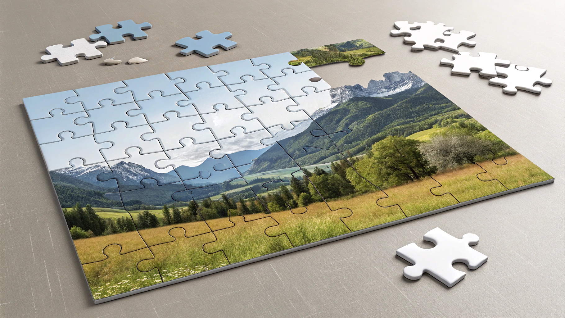 AI generated image by Red Panda AI: A puzzle with most pieces in place, but with a few key pieces just being fit in.