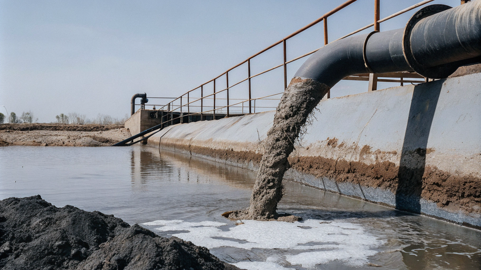 AI generated image by Red Panda AI: fleuve polué à coté d'une usine déversant de la boue