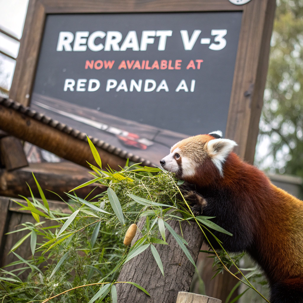 AI generated image by Red Panda AI: a red panda eating a bamboo in front of a poster that says "recraft V3 now available at red panda ai