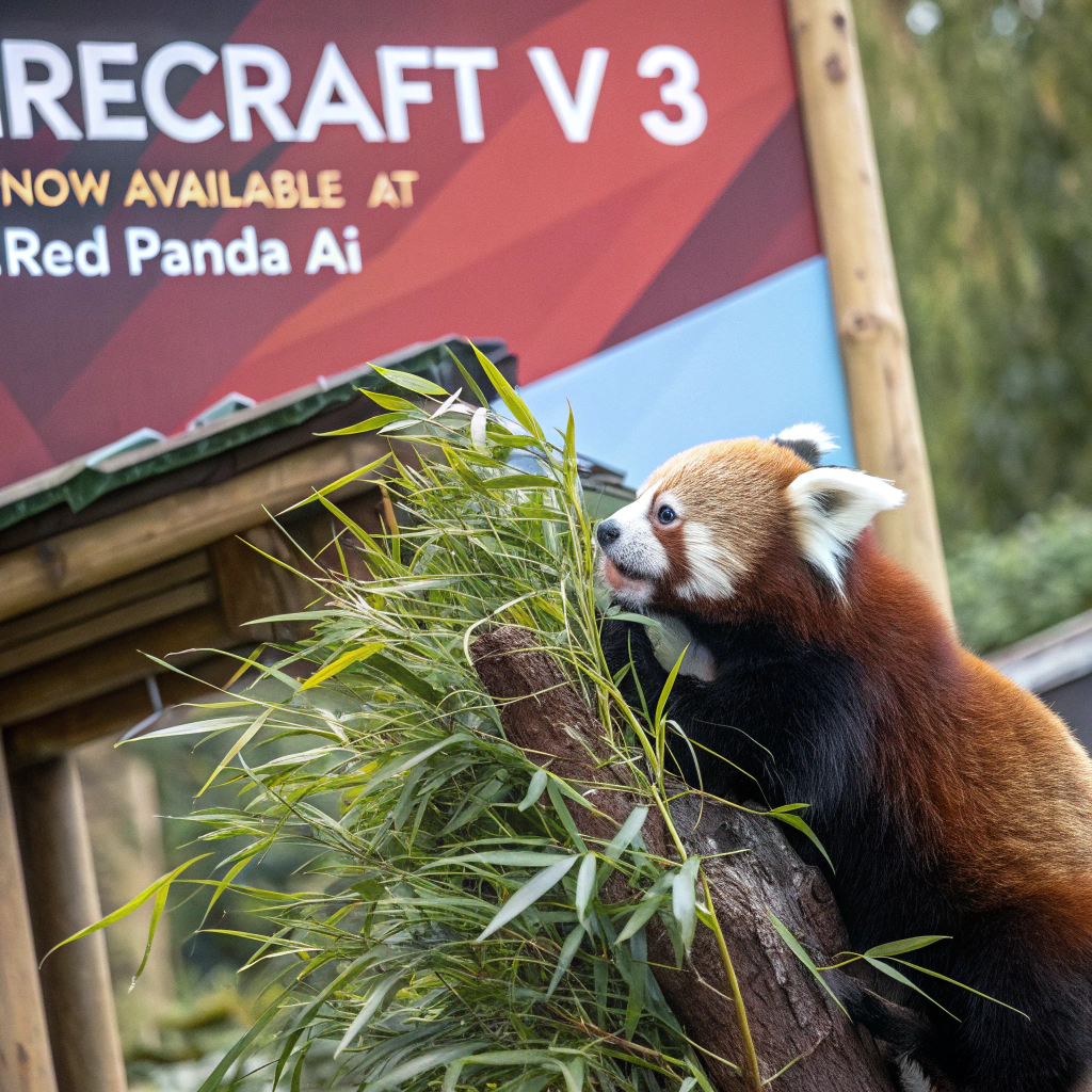 AI generated image by Red Panda AI: a red panda eating a bamboo in front of a poster that says "recraft V3 now available at red panda ai