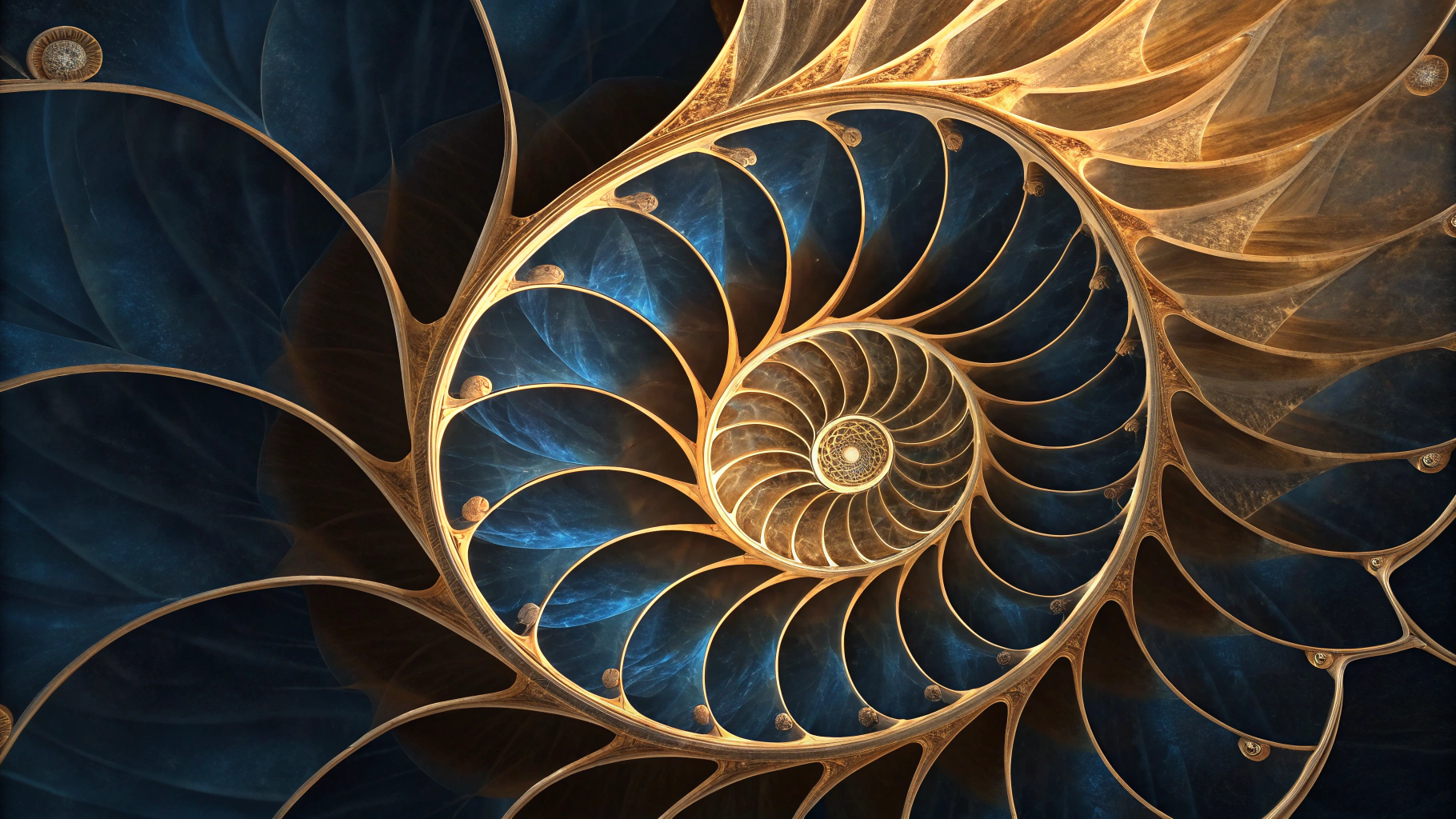 AI generated image by Red Panda AI: Stunning fractal patterns in nature, ultra-detailed 8K, showing golden ratio spirals in nautilus shells transitioning into similar patterns in galaxies and storm systems, macro photography mixed with astrophotography, dramatic lighting, dark background with highlighted golden and blue elements, natural pattern recognition, elegant mathematical visualization, perfectly symmetrical composition, extreme detail and clarity, wide panoramic format, abstract yet scientifically accurate
