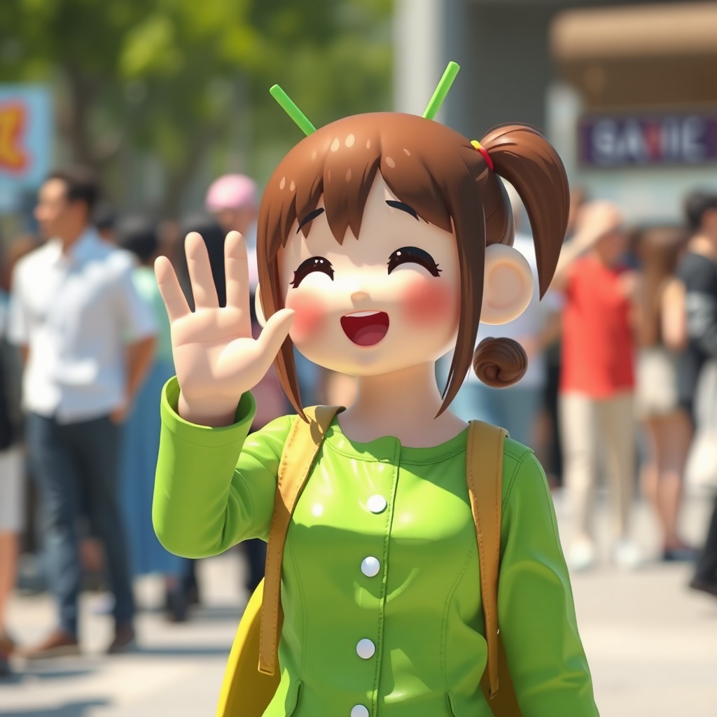 AI generated image by FLUX.1-schnell: A android girl waving at people.