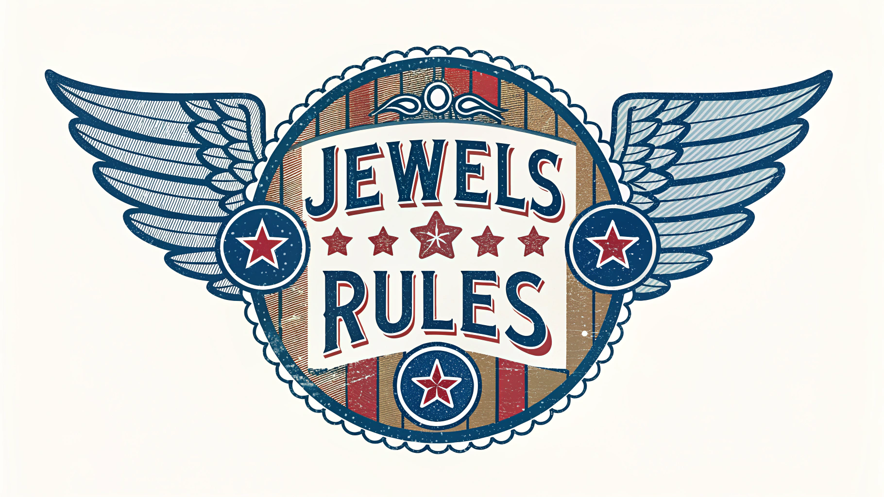 AI generated image by Red Panda AI: Band logo for the band, "Jewels Rules". Americana, blues, authentic, wood and leather, rock and roll, rockabilly, on a shirt