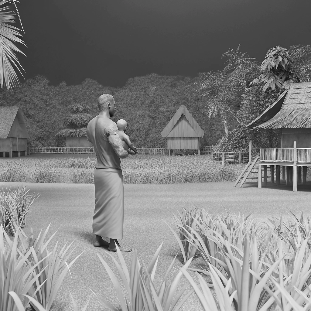 AI generated image by Red Panda AI: Lelaki melayu berbadan sado memakai baju melayu sambil memegang baby. Latarbelakang kampung. 3d asthetic image.
