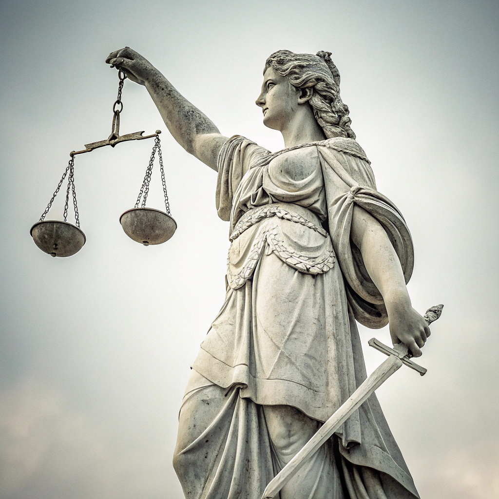 AI generated image by Red Panda AI: a white marble statue lady of justice, balance scales in one hand and sword in other hand