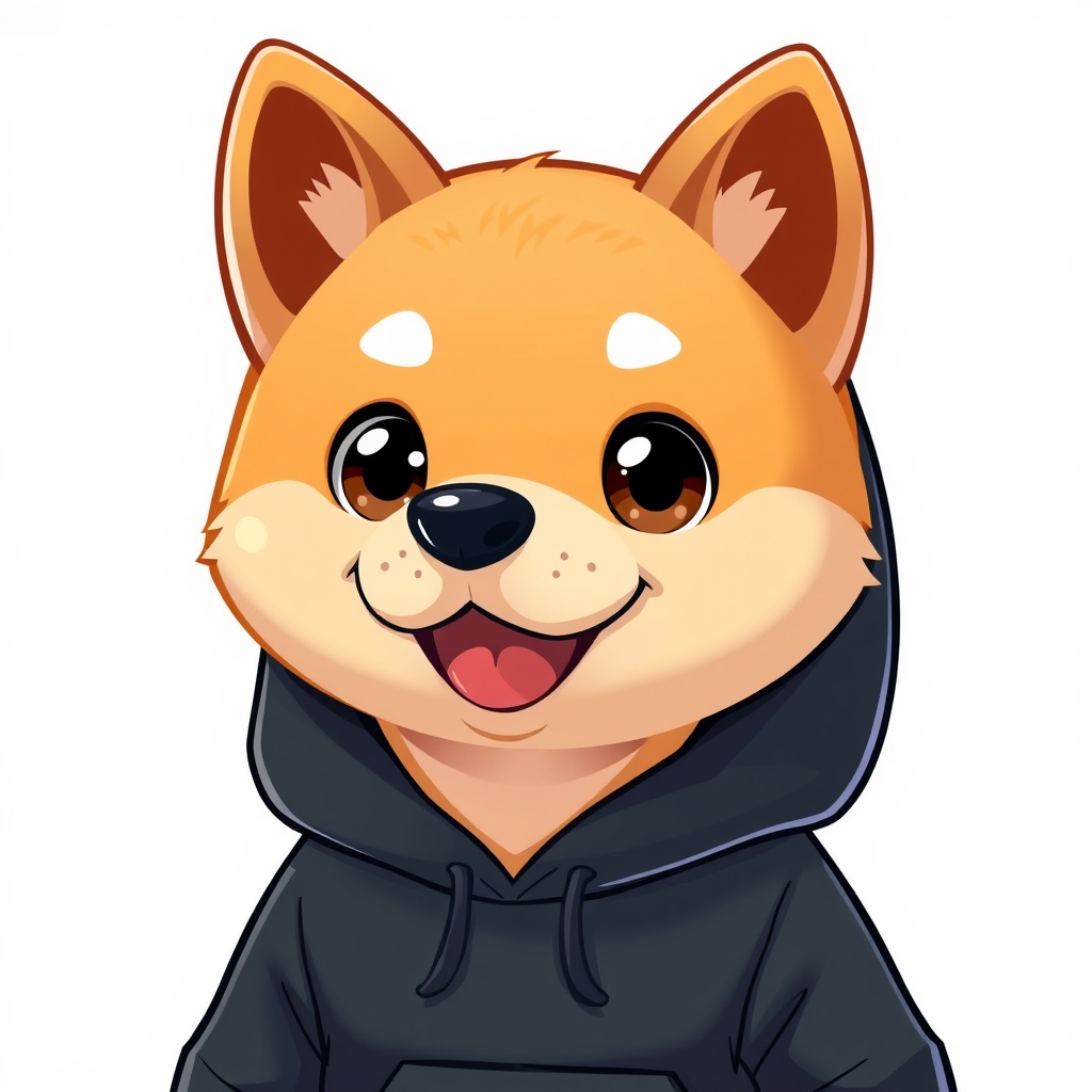 AI generated image by FLUX.1-schnell: 2d cartoon style image of Shiba Inu dog in a black hoodie with large cute eyes