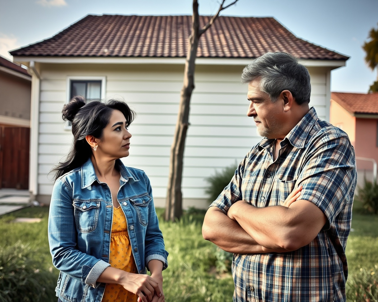 AI generated image by FLUX.1-schnell: creame la imagen de dos vecinos una mujer y un hombre teniendo un desacuerdo sobre la propiedad de un terreno que ambos reclamaban.