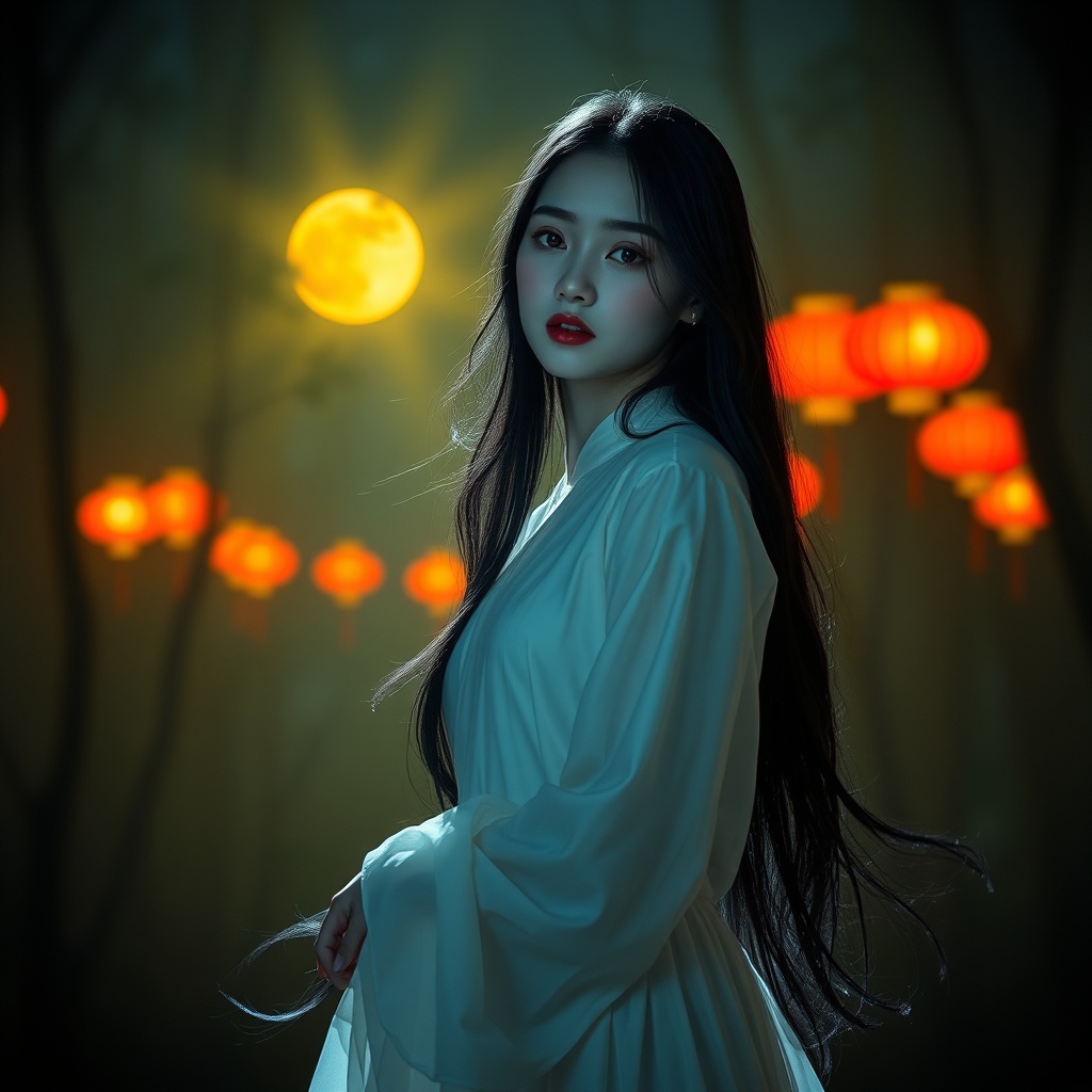 AI generated image by FLUX.1-schnell: 23 years old Vietnamese female ghost, porcelain white skin, red lips, purple eyes, long black hair, white silk dress slowly fluttering, standing in the night forest, yellow moonlight shining through the trees, shimmering red lanterns, brilliant yellow-red light, light fog, cinematic style, 4K, slow motion hair and dress, sparkling moonlight, magical, high detail.