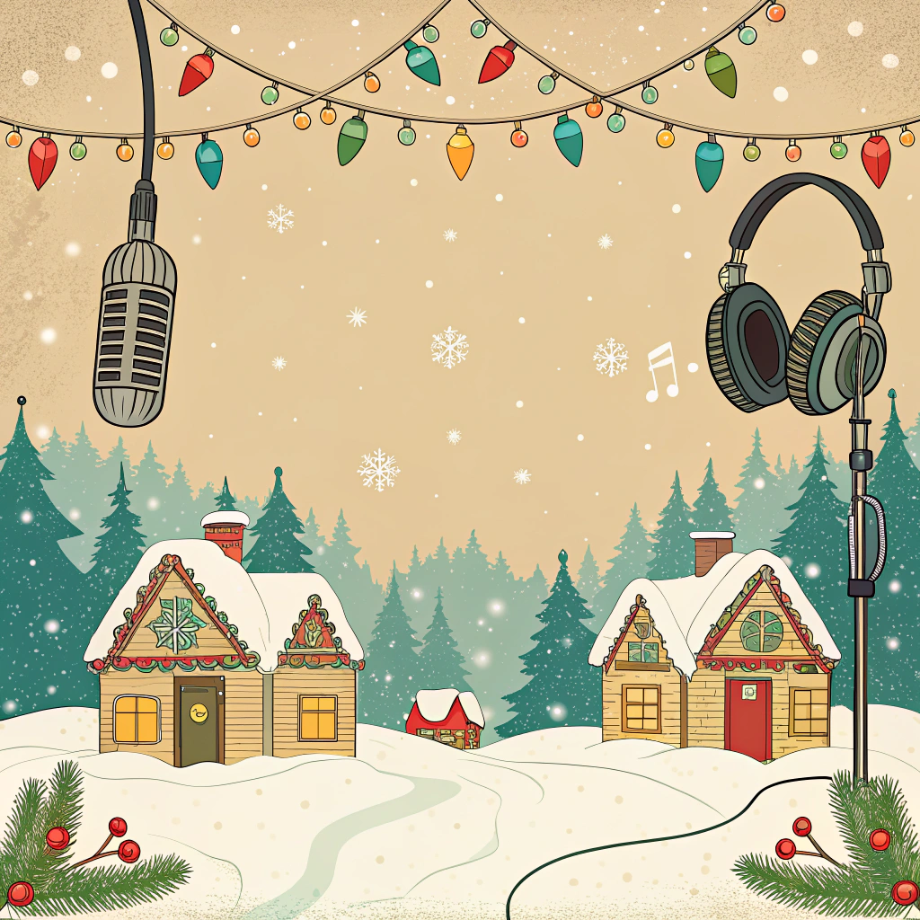 AI generated image by Red Panda AI: Christmas background with space in the center for a message, audio theme featuring microphones and headphones, vintage style.