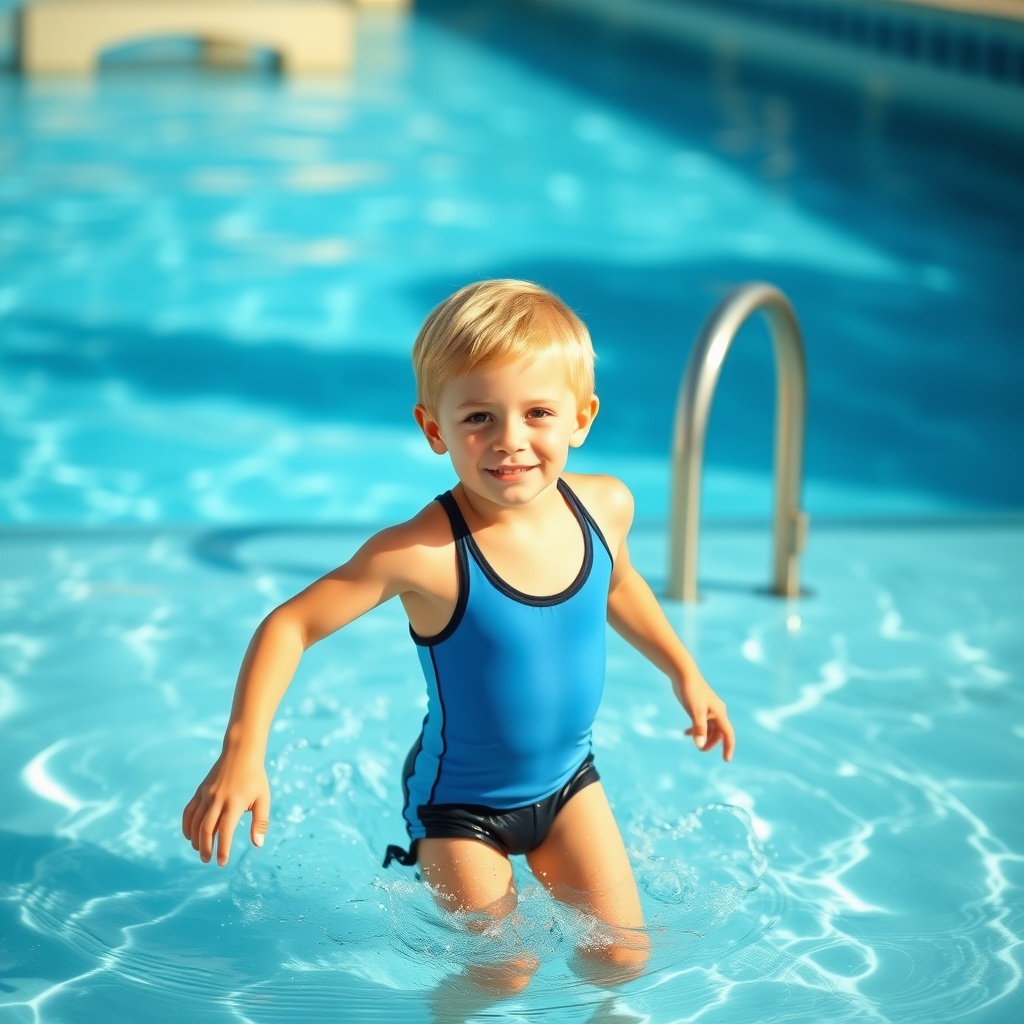 AI generated image by FLUX.1-schnell: 10 year old blond boy in a swimsuit coming outside of the water at the pool