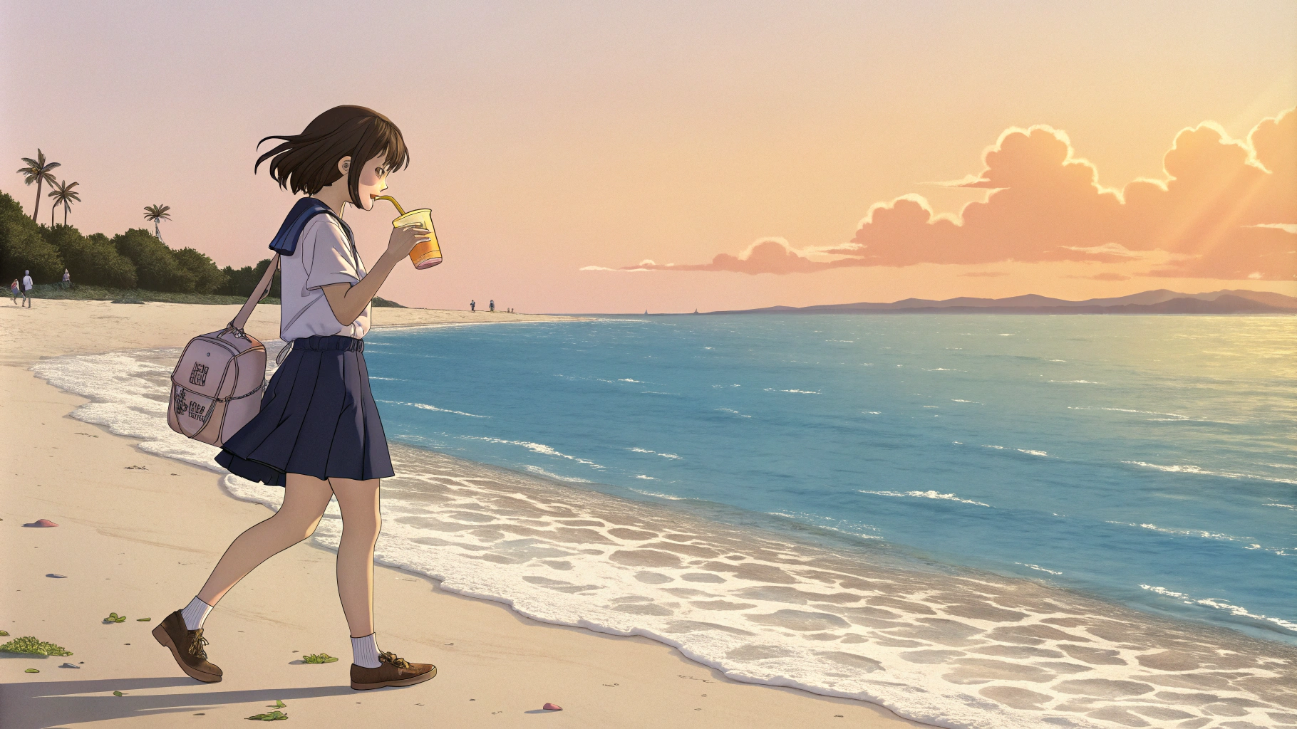AI generated image by FLUX.1-schnell: Anime Style. A girl drinking juice on a beach with beautiful sea. Walking.