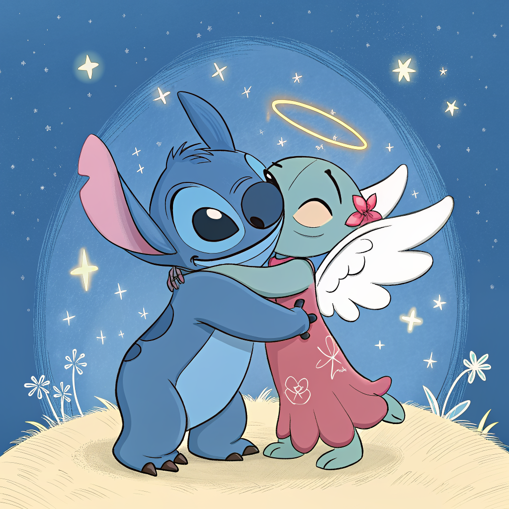 AI generated image by Red Panda AI: stitch y angel en el Experimento 624 enamorados
