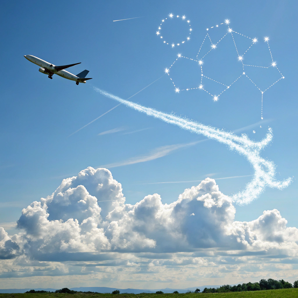 AI generated image by Red Panda AI: 飛機飛過,雲朵是處女座的圖案