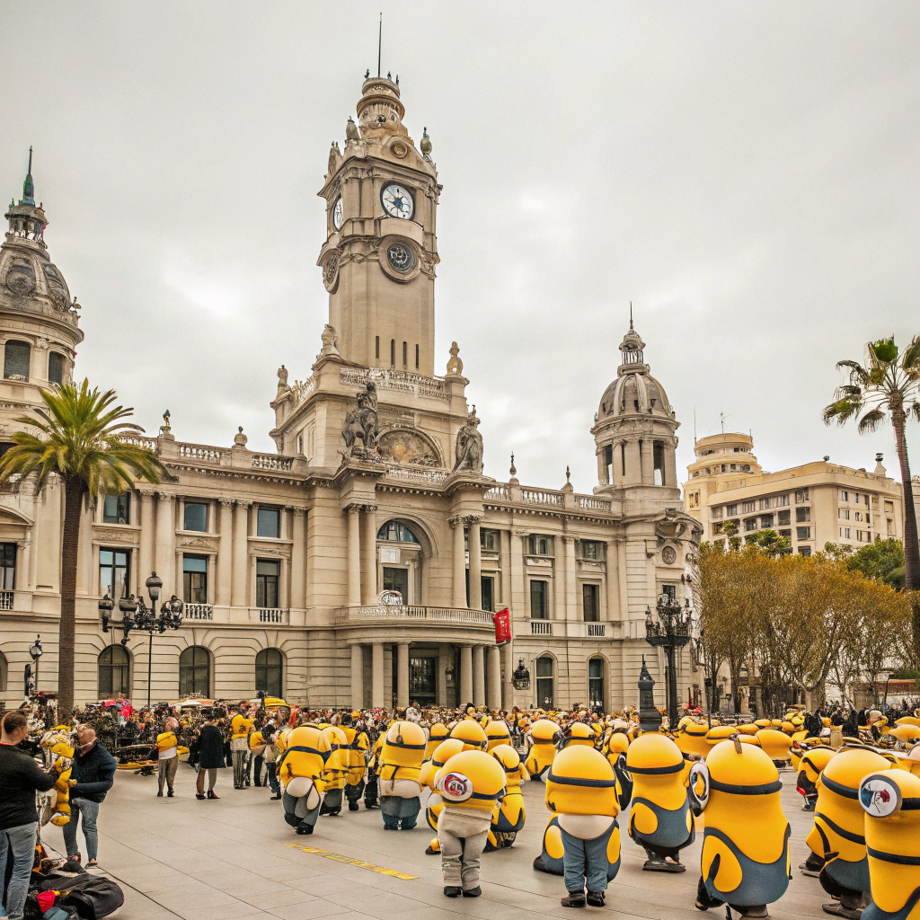 AI generated image by Red Panda AI: Quiero que me hagas una imagen de la falla del ayuntamiento de valencia en espala, con minions de visitantes