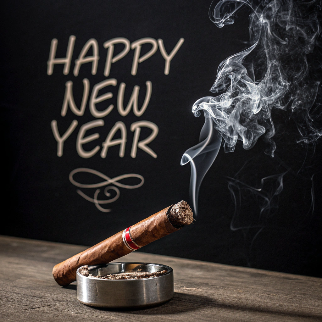 AI generated image by Red Panda AI: Create an elegant and stylish image with a black background. In the foreground, place a lit cigar in a sophisticated holder. The smoke rising from the cigar should form the words 'Happy New Year' in an artistic and flowing script, with the smoke twisting and swirling. The image should convey a sense of luxury and celebration, with the smoke as the central feature, blending seamlessly with the 'Happy New Year' message. The overall mood should be classy, festive, and mysterious, highlighting the connection between the cigar and the celebration.