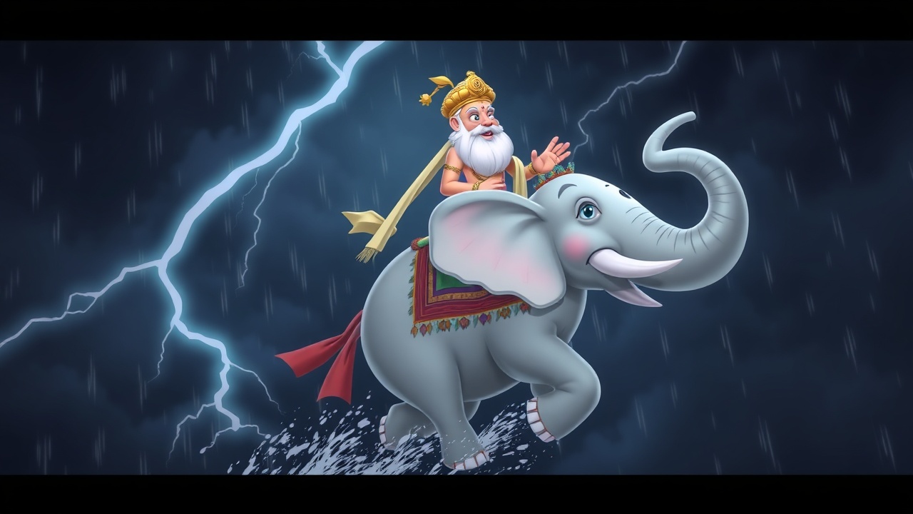 AI generated image by FLUX.1-schnell: 2D cartoon rain god riding a white elephant in dark cloudy sky, lightning, bright colorful animation style.