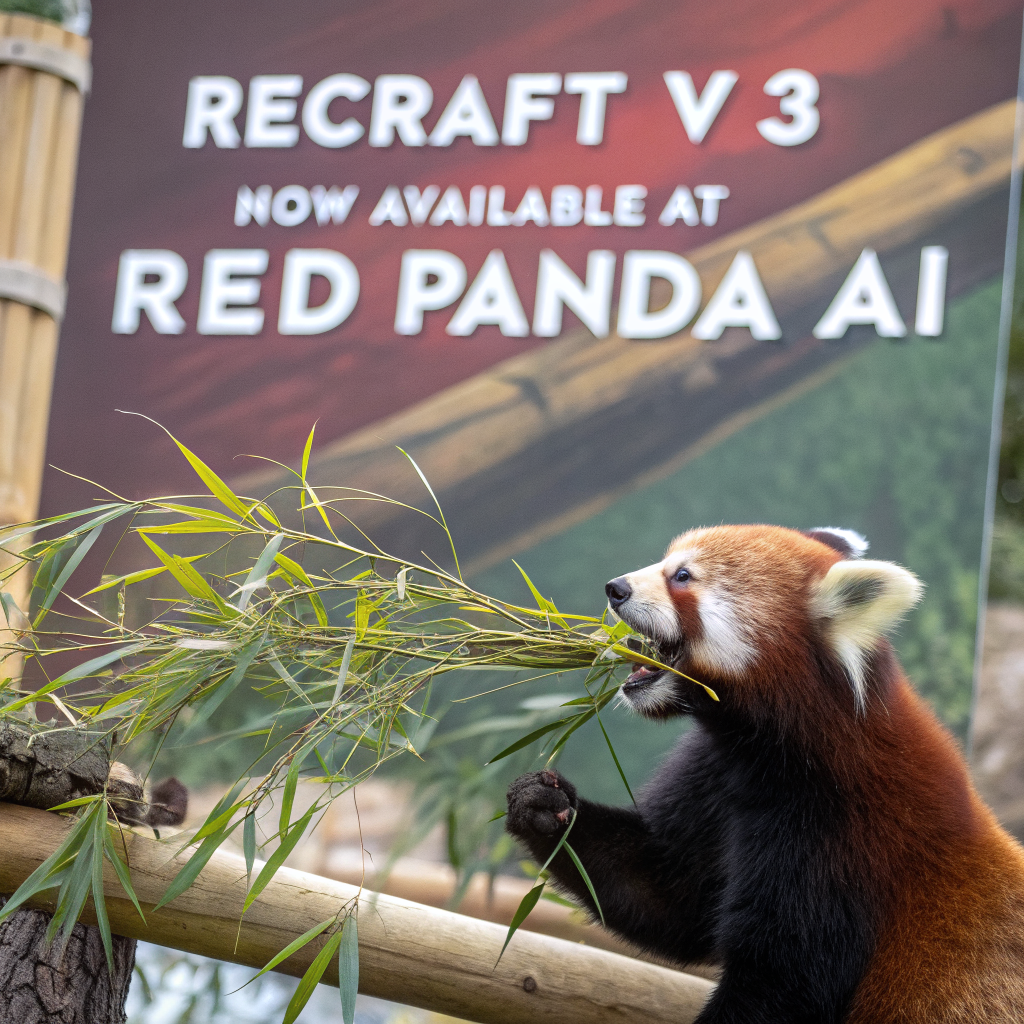 AI generated image by Red Panda AI: a red panda eating a bamboo in front of a poster that says "recraft V3 now available at red panda ai