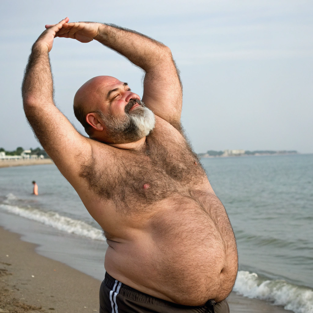 AI generated image by Red Panda AI: a bulky and slightly overweight 50 year old hirsute butcher at the beach stretching. Man has heavy amount of body hair, hairy chest pattern, expanding his bloated heavy bearded-belly, bald head, brown and white goatee