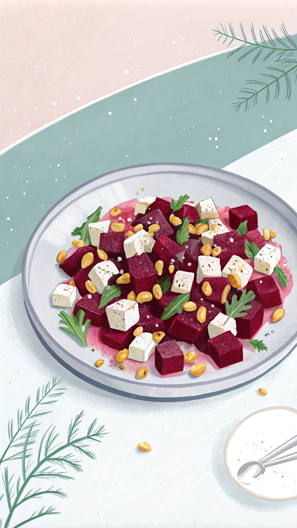 AI generated image by Red Panda AI: Create an illustration of a beet salad featuring vibrant cubes of beetroot, goat cheese crumbles, and roasted peanuts, served on a clean, modern plate. The salad is garnished with a light drizzle of dressing and subtle holiday accents, like tiny holly leaves or star-shaped decorations. Use a soft pastel gradient background with minimal textures and space for text on one side. Keep the style clean, with bold, flat colors, emphasizing the freshness and festive simplicity of the dish.