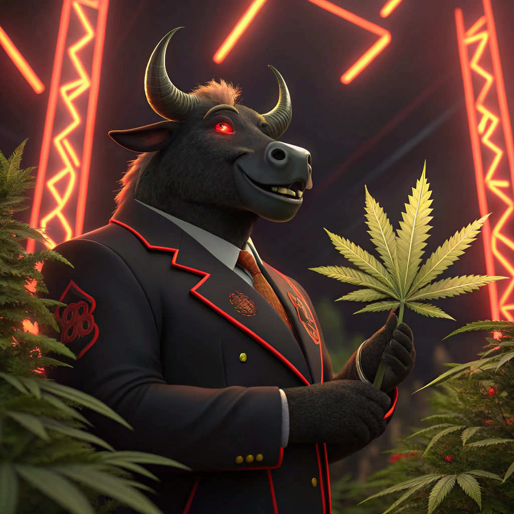 AI generated image by Red Panda AI: "A cinematic logo 3D front-facing image of a majestic and handsome black bull with sleek, well-groomed features, standing confidently in a tailored black suit with glowing red and yellow accents. The bull has a stoned yet charming expression, with half-closed glowing red eyes and a relaxed smile. He is holding an enormous glowing cannabis bud with both hands, radiating vibrant green and golden hues. The background is a neon-lit cannabis garden filled with intricate, glowing red, yellow, and black lighting, highlighting the lush cannabis plants. Every detail, from the bull’s perfectly groomed fur to the massive cannabis bud, emphasizes beauty, elegance, and power, creating a breathtaking and unforgettable visual."