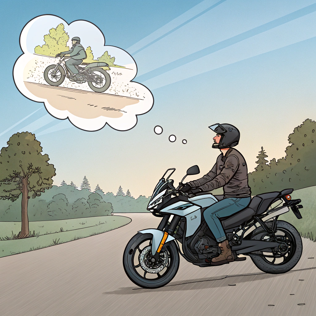 AI generated image by Red Panda AI: create image of guy on cfmoto 450 mt dreaming about kove 800x