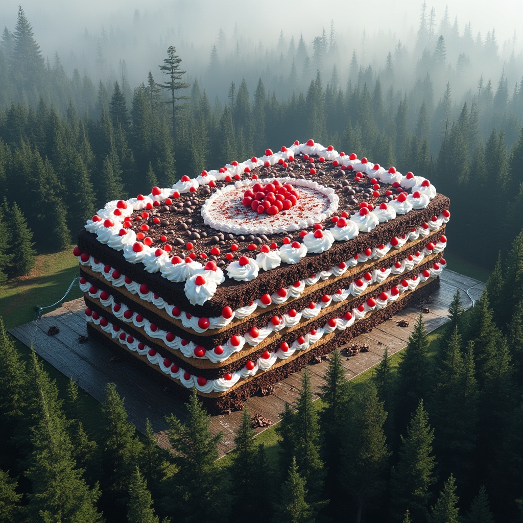 AI generated image by FLUX.1-pro: The world's largest black forest cake, the size of a building, surrounded by trees of the black forest