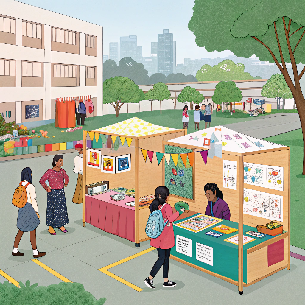 AI generated image by Red Panda AI: Crea un mercadillo solidario hecho en un colegio