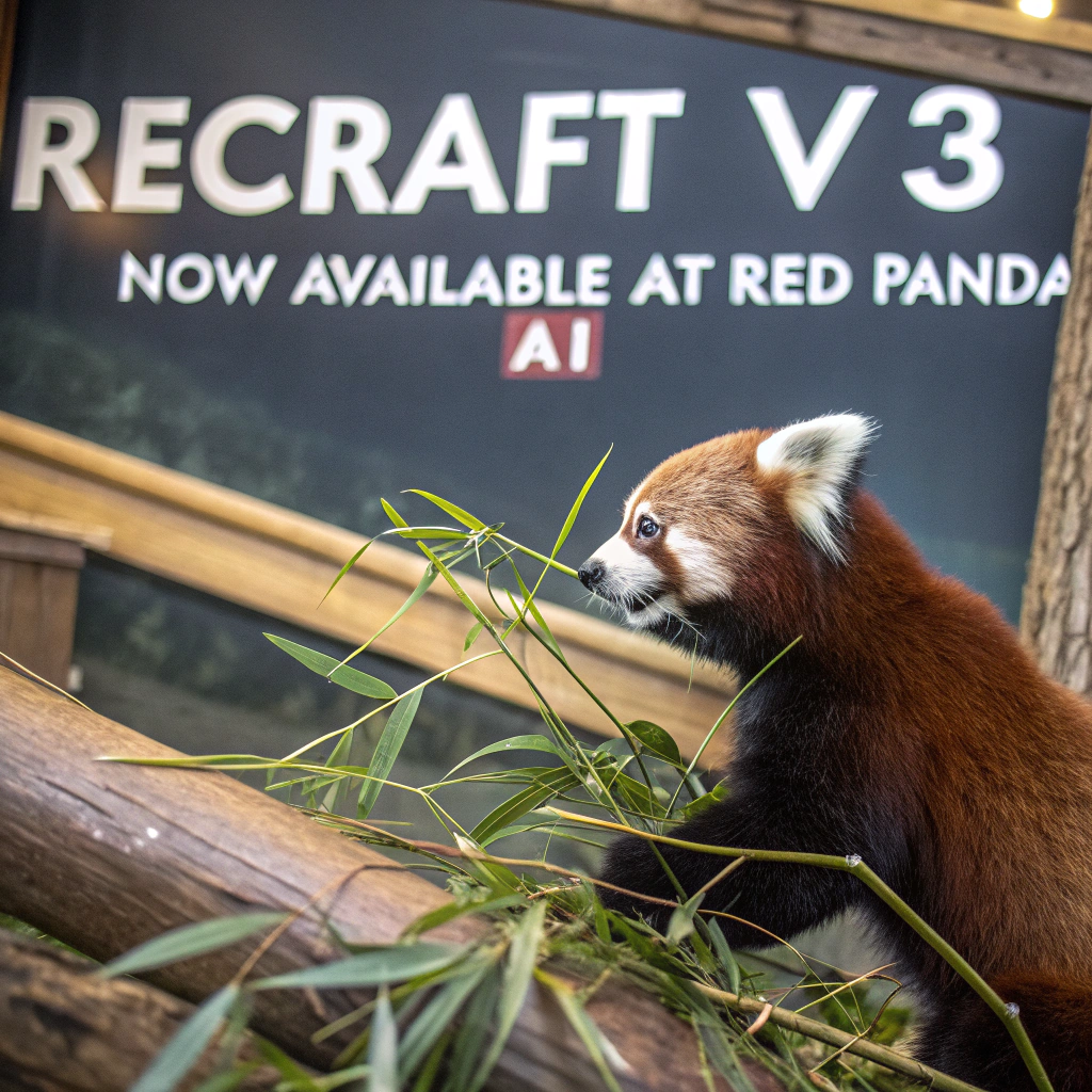 AI generated image by Red Panda AI: a red panda eating a bamboo in front of a poster that says "recraft V3 now available at red panda ai