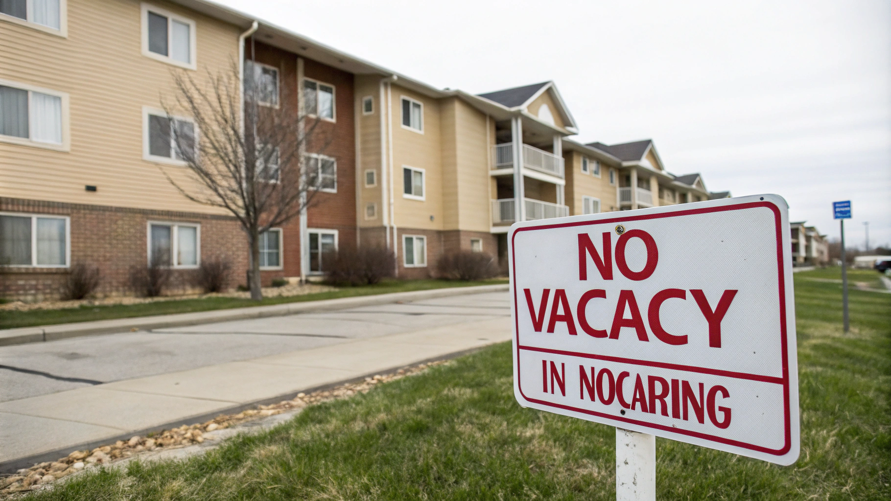 AI generated image by Red Panda AI: "No Vacancy in Blair, Nebraska" sign in front of apartment complex