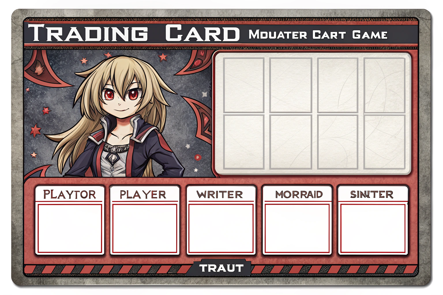 AI generated image by Red Panda AI: Crete the graphic layout design for a card in a trading card game. The card layout is composed by the following:
A rectangular shape showcasing the card in horizontal
A boarder stylized with slots for text on the middle of the top and bottom of the boarder for the card name and flavor text(do not create text, just the slot for it as this is a generic layout)
A slot for an image for the card artwork (keep it blank and white) that takes 30% of the inner space of the layout
3 slots for text boxes (do not add text just create the empty slots in the layout)
The theme and art style for the layout is stylized anime with a monster horror theme
