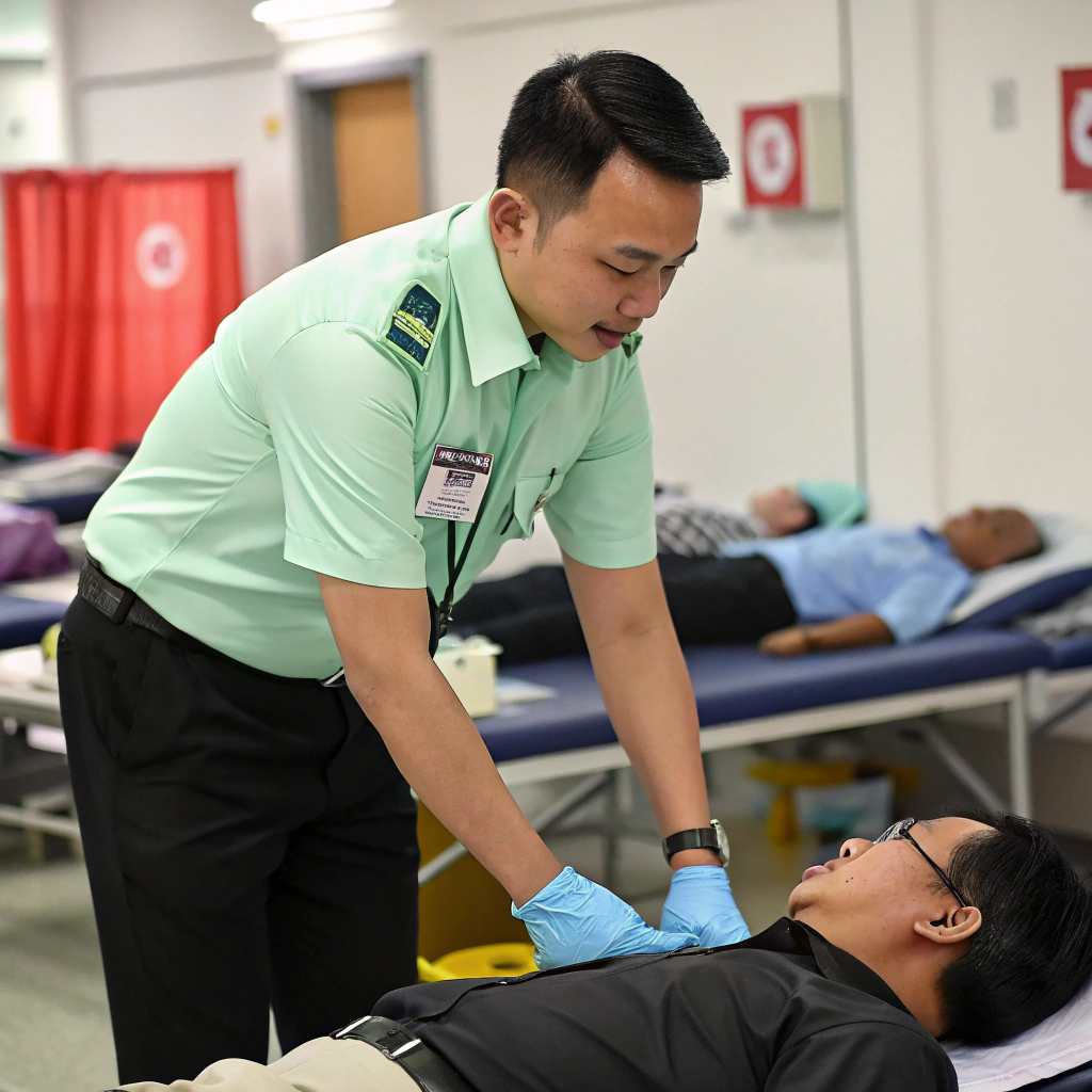 AI generated image by Red Panda AI: generate an image of an Assistant Medical Officer in Malaysia wearing his light green shirt and black pants giving first aid to patients