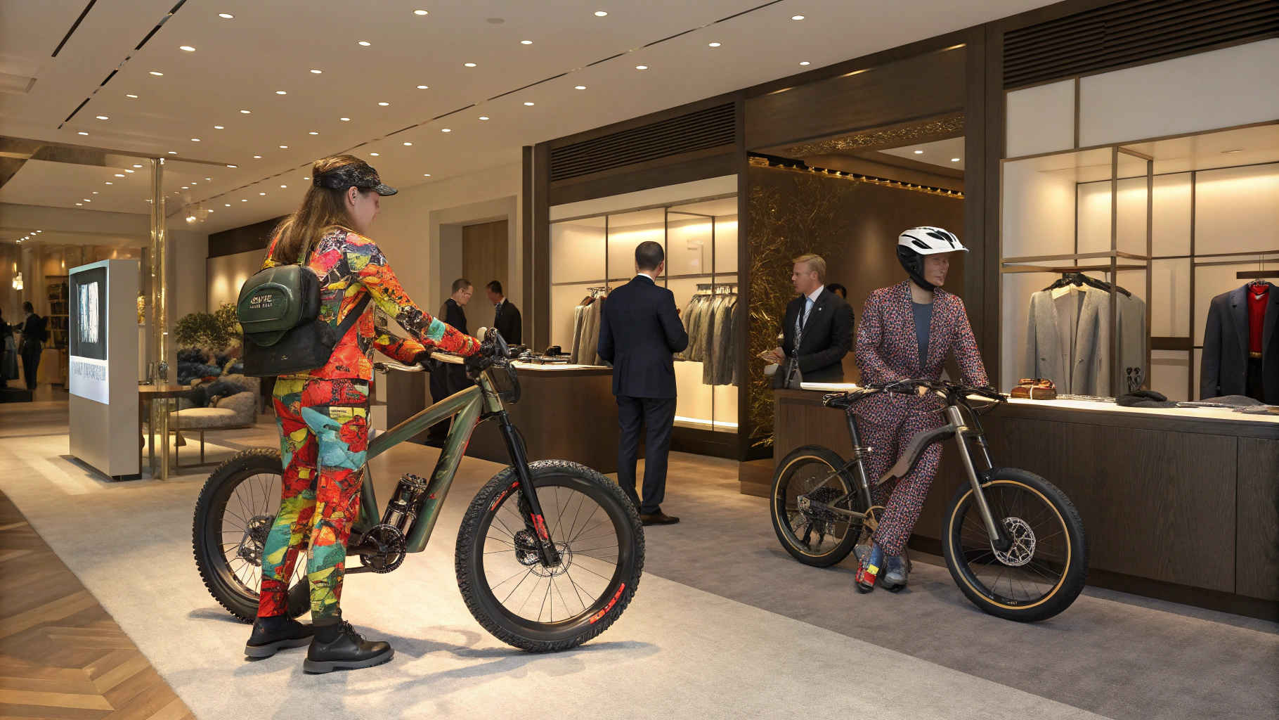 AI generated image by Red Panda AI: Create a highly realistic image of an exclusive luxury e-bike event in an upscale boutique. The event should feature attendees wearing bold and unique outfits that match their custom e-bikes. Each person’s e-bike should have a design that complements their clothing, such as a person in a colorful, artistic outfit standing beside an e-bike with a matching vibrant abstract pattern, and another person in a sleek, futuristic outfit next to a metallic, tech-themed e-bike. The atmosphere should be lively and luxurious, with modern interior decor, warm lighting, and a visible 3D customization booth. Attendees should be seen mingling, admiring each other’s e-bikes, and engaging in conversation.”