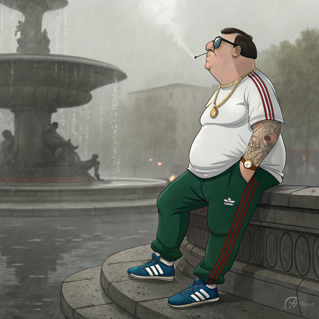 AI generated image by Red Panda AI: Peter Griffin from the TV show Family Guy, a gold chain, a white shirt, and Adidas shoes in the rain. The image is hyper-realistic., and blue shoes. The weather is rainy, and tattoos on one arm., picturesque Gucci tattoo. He is wearing green Adidas track pants with red stripes, smoking a cigarette and sitting on the edge of a fountain. He has a gold chain around his neck with a small, wearing Gucci and Adidas shoes, with a foggy background. The style is hyper-realistic cartoon.