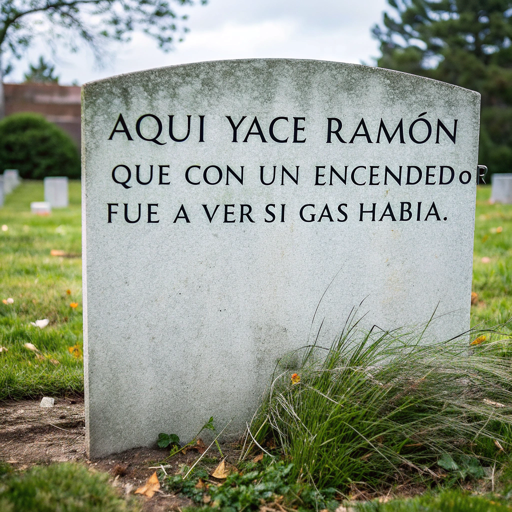 AI generated image by Red Panda AI: Muestra una lápida plana en piedra gris con letras grabada rodeada por pasto del cementerio. Las letras dentro de la lápida tienen literalmente el siguiente texto que indico entre comillas y separaciones del línea:
"Aquí llace Ramón
que con un encendedor
fue a ver si gas había...
y había"
La lápida tiene el tamaño suficiente para que quepa todo el texto y sea legible.