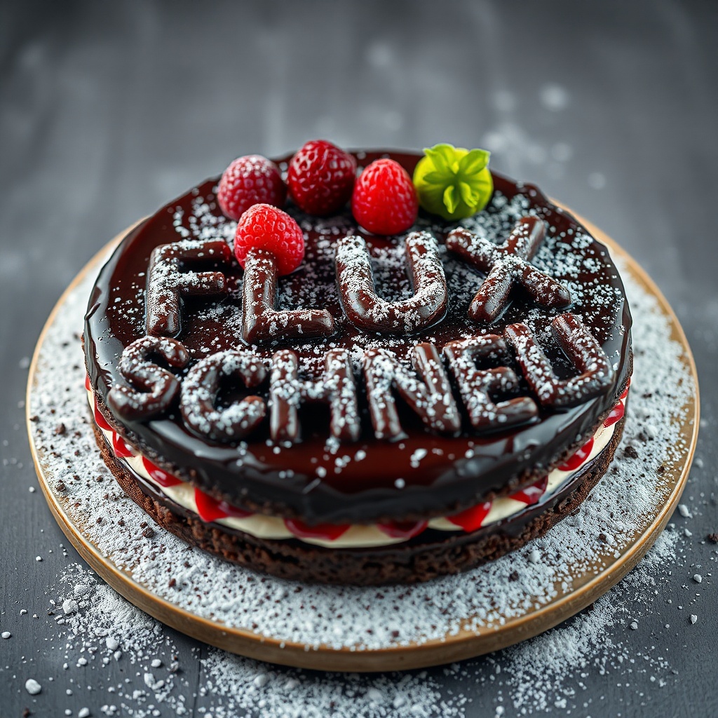 AI generated image by FLUX.1-schnell: black forest gateau cake spelling out the words "FLUX SCHNELL", tasty, food photography, dynamic shot