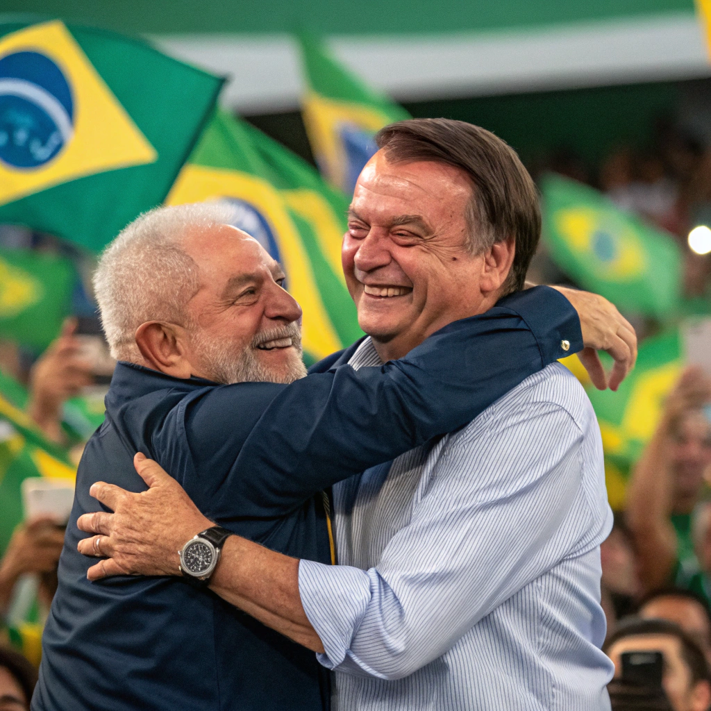 AI generated image by Red Panda AI: Quero uma imagem do presidente Lula e o presidente bolsonaro abraçados comemorando um gol da seleção brasileira